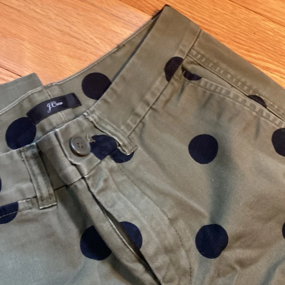 J. Crew Olive Green Wide-Leg Pants with Black Polka Dots